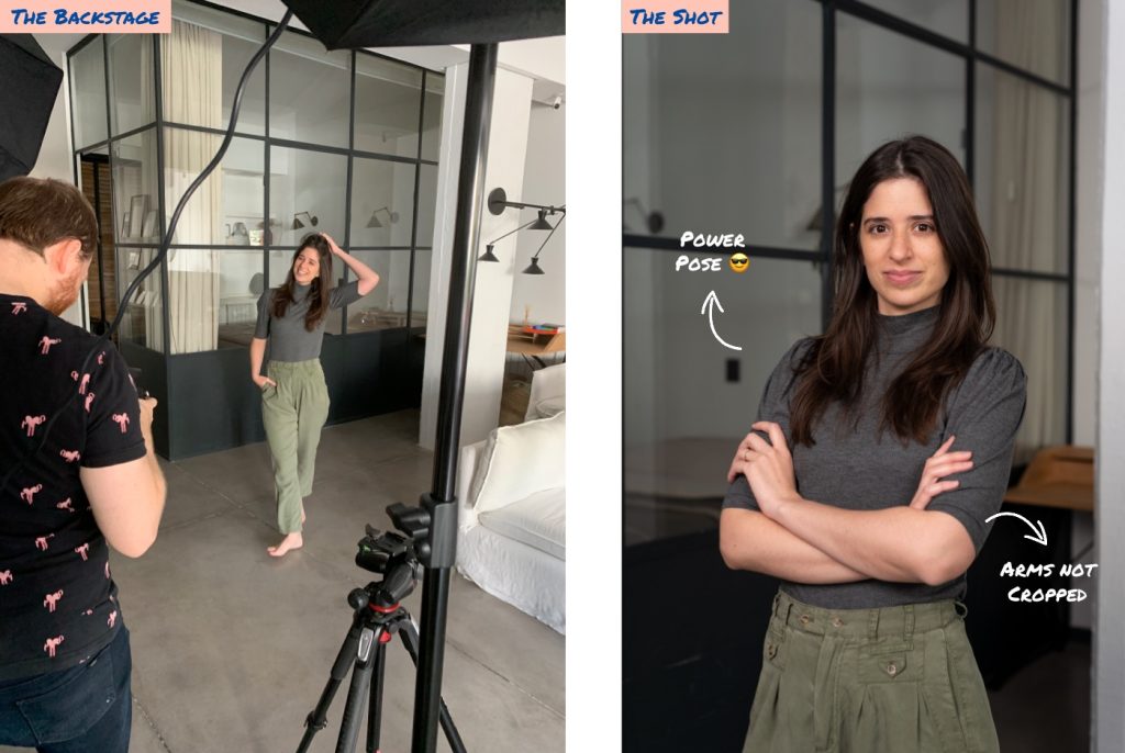 An image comparing the backstage and the final shot, with a power pose, and showing that the arms are not cropped