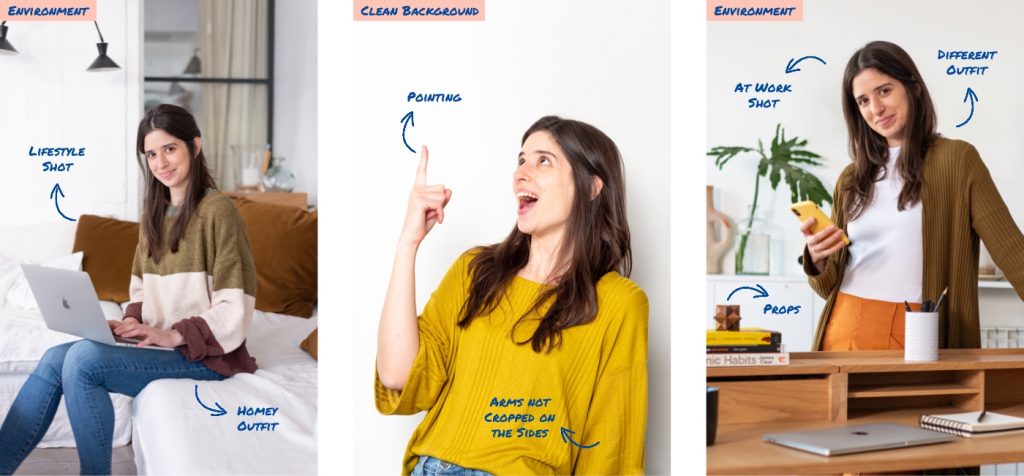 3 different shots are compared: one with a clean background and two with an environment in the background. Also, they showcase different outfits, styles and props being used.